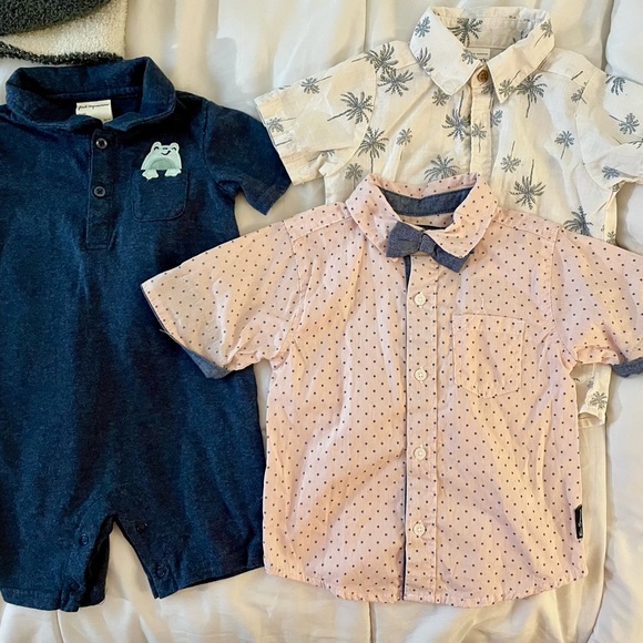 Boys White, and pale Pink Button Down Shirts, Frog Onesie with collar, 3 piece - Picture 1 of 8